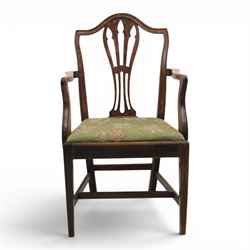 Early 20th century George III design mahogany open armchair, shaped cresting rail with pierced vase-form splat, curved open arms, stuff-over seat upholstered in green floral fabric, on square section supports