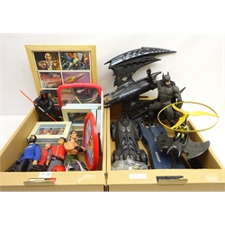  Batman, Action Man, Captain Scarlet & other Action figures, vehicles etc, two Thunderbirds wall clocks & framed prints   