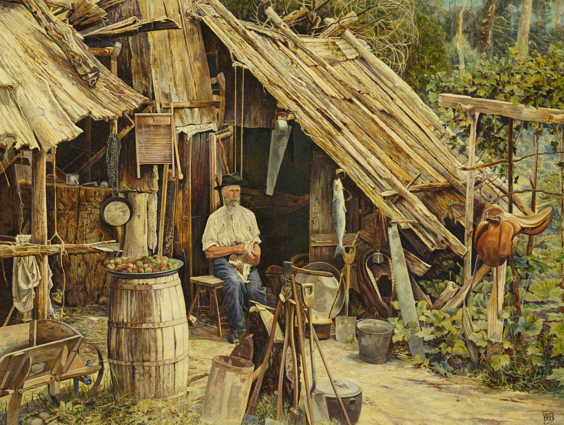 Australian School (Late 19th century): 'A Selector's Hut on Mr Stocks Selection - Croajingolong District - Gippsland Victoria - Australia', oil on canvas signed with monogram WHB, titled and dated 1885 verso 34cm x 44cm