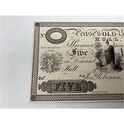 Pease's Old Bank Hull, 'SPECIMEN' five pounds banknote for Henry Joseph Robinson Pease & George Liddell, dated 18**, with blank reverse