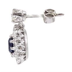 Pair of 18ct white gold oval sapphire and round brilliant cut diamond cluster, pendant stud earrings, total sapphire weight approx 1.20 carat, total diamond weight approx 1.50 carat