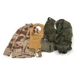  US Air Force Emergency Sustinence vest TypeC-1, WW2 Life Preserver, sml utility pouch marked for Grant W Loehde, a green canvas kit bag 9192-M for Donald L Friend and a USMC Desert Coat, size small long, (4)  