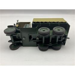 CJB Morris Military Field Wireless car with antenna, driver and operator L11cm; CJB Military covered wagon with two figures; and CJB maroon and white painted flat-bed truck with driver (3)