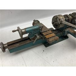 Cowells of Norwich model 90 modelmaker's lathe with handbook, the Pratt Bernard 4-jaw chuck with 4cm centre height and 7.5cm throw L44.5cm; together with an unrelated Hobbymat horizontal cross-slide with 4-way tool post (2)