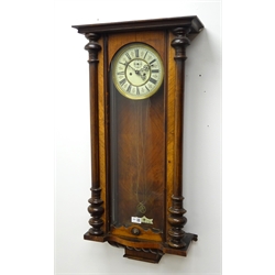  19th century walnut cased Vienna style wall clock, twintrain movement striking on a coil, H91cm  