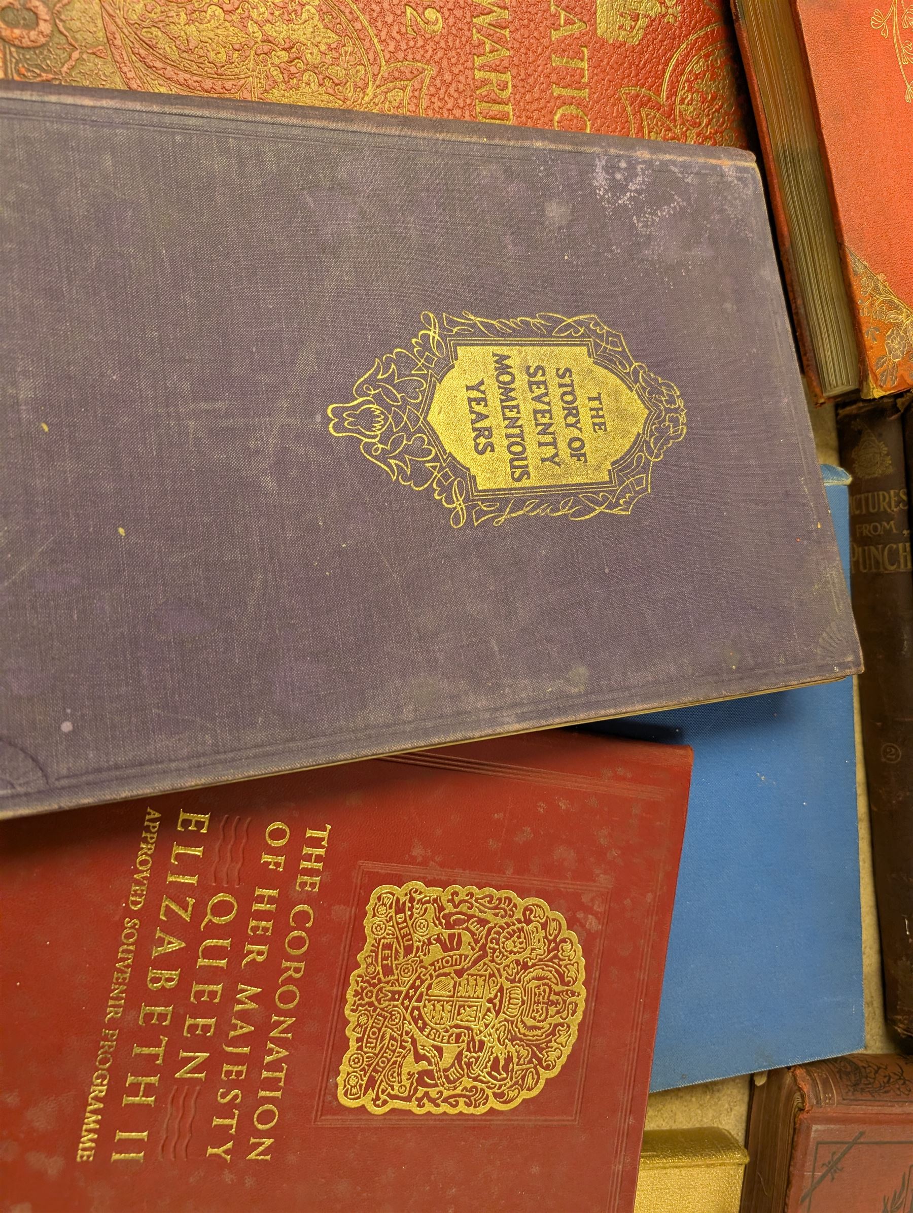 Collection of Victorian and later books, including two Punch volumes 1894 and four others, Coronation souvenir books and similar