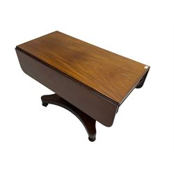 19th century mahogany Pembroke table, rectangular drop leaf top on faceted and carved pedestal, fitted with single end drawer, shaped platform with moulded edge on turned feet