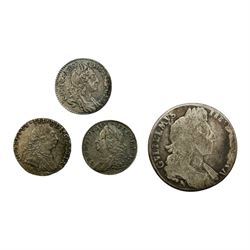 Three silver sixpence coins, dated William III 1696, George II 1758, George III 1787 and William III 1697 halfcrown (4)