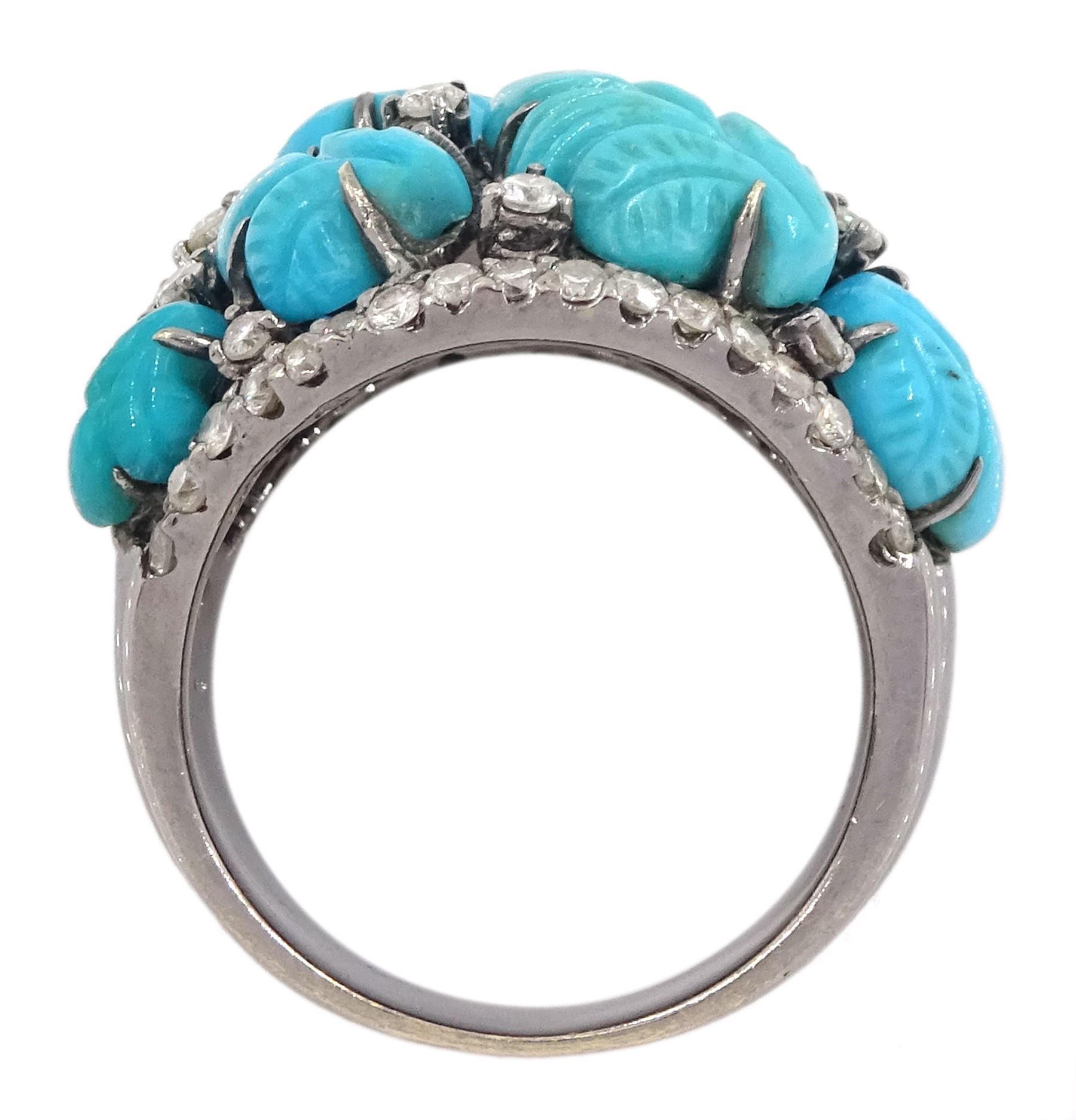 18ct gold black rhodium plated turquoise leaf and round brilliant cut diamond ring, stamped 750