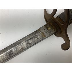 Victorian artillery officer's sword, the 90cm fullered steel blade by E. Thurkle Denmark Street Soho London decorated with Victoria cypher, Regimental crest and 'Royal Artillery', three-bar hilt with stepped pommel and wire-bound fish skin grip; in leather covered scabbard L107cm overall