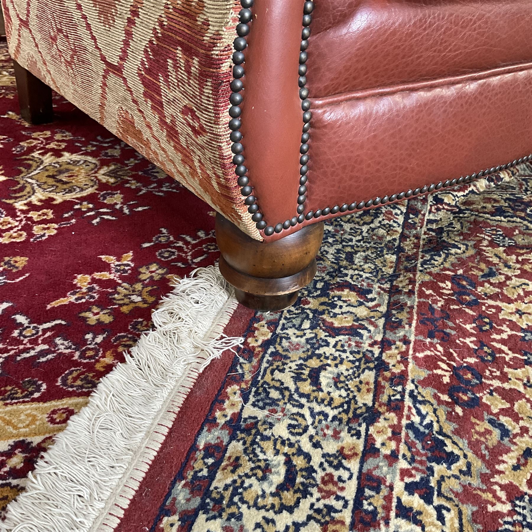 Tetrad Eastwood Wingback Leather Kilim Armchairs Brown with footstool,