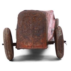 Mettoy tinplate clockwork racing car, the boat tailed red body with lithographed details, racing no. 7, with Dunlop Fort tyres, for restoration, H8cm, L32cm