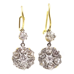  Pair of Edwardian gold diamond cluster, pendant earrings  