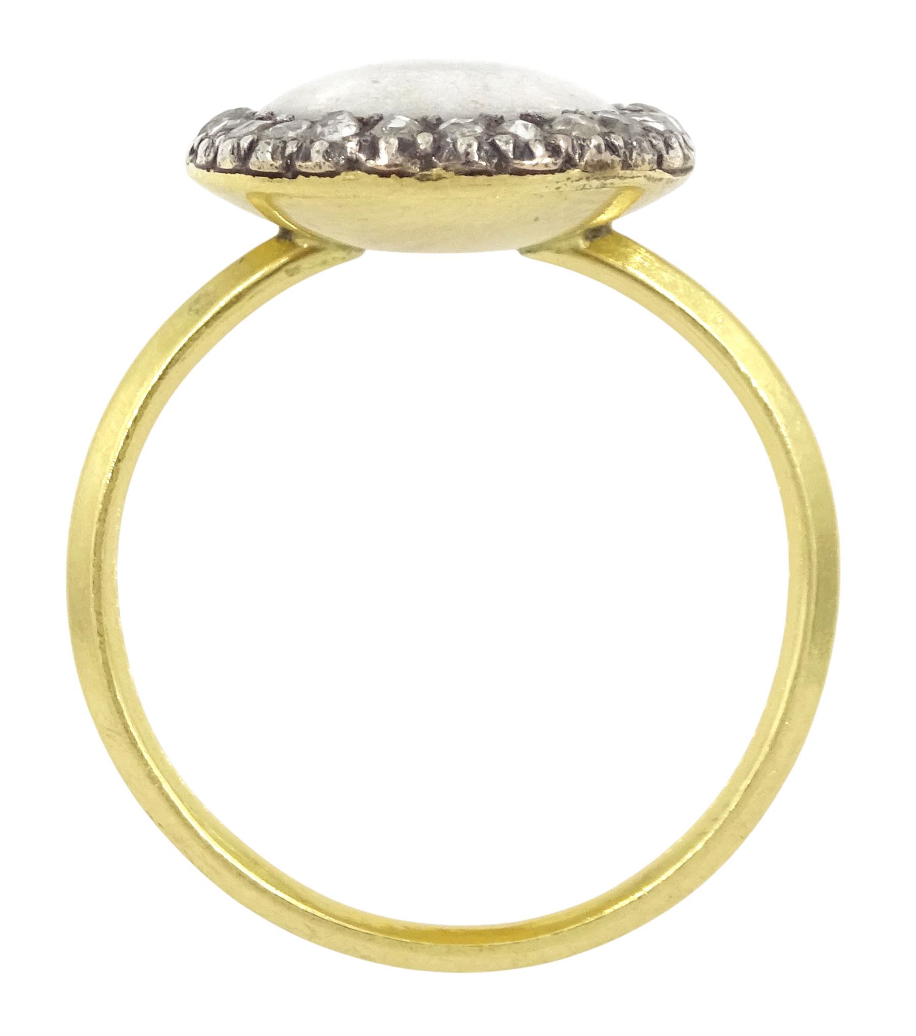 18th / 19th century gold and silver diamond portrait ring, set with an oval miniature of a woman on ivory, under glazed panel, with rose cut diamond surround and angular shank. This lot has been registered for sale under Section 10 of the APHA Ivory Act