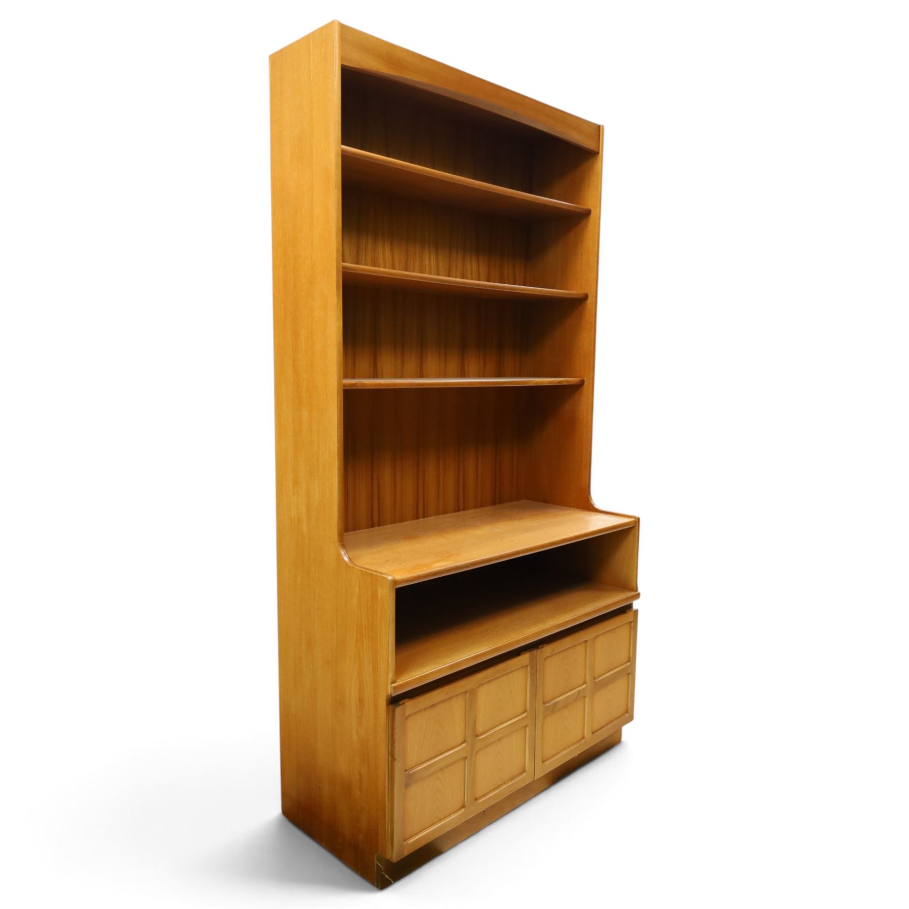 Nathan - 'Squares' open bookcase, with three shelves above an open recess, with twin square panelled doors, on a plinth base