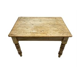 Late 19th century traditional pine kitchen table, fitted with single drawer, raised on turned tapering supports