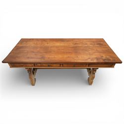 20th century Spanish design oak dining table, large rectangular top above a run of three d...