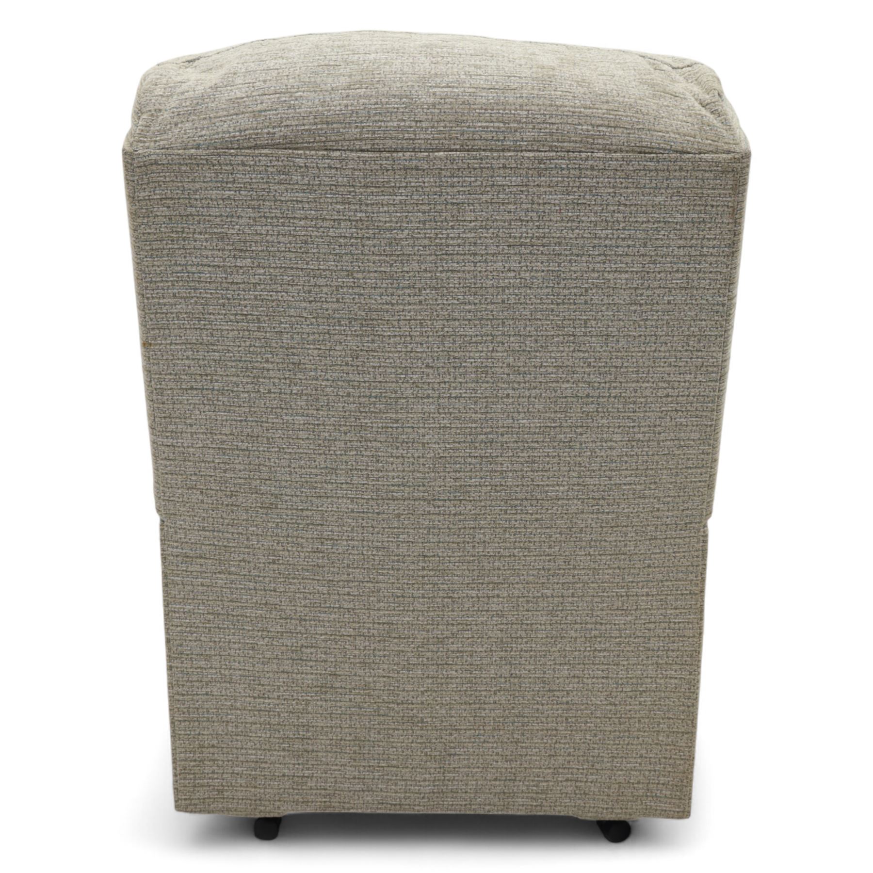 Sherborne - Pair of armchairs, in grey chenille fabric upholstery with fixed cushions and upholstered scroll arms, on castors