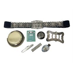 Silver topped ceramic scent bottle, silver bottle cap, EPNS belt buckle and belt, Pacton lighter and a Ronson lighter and other collectables 