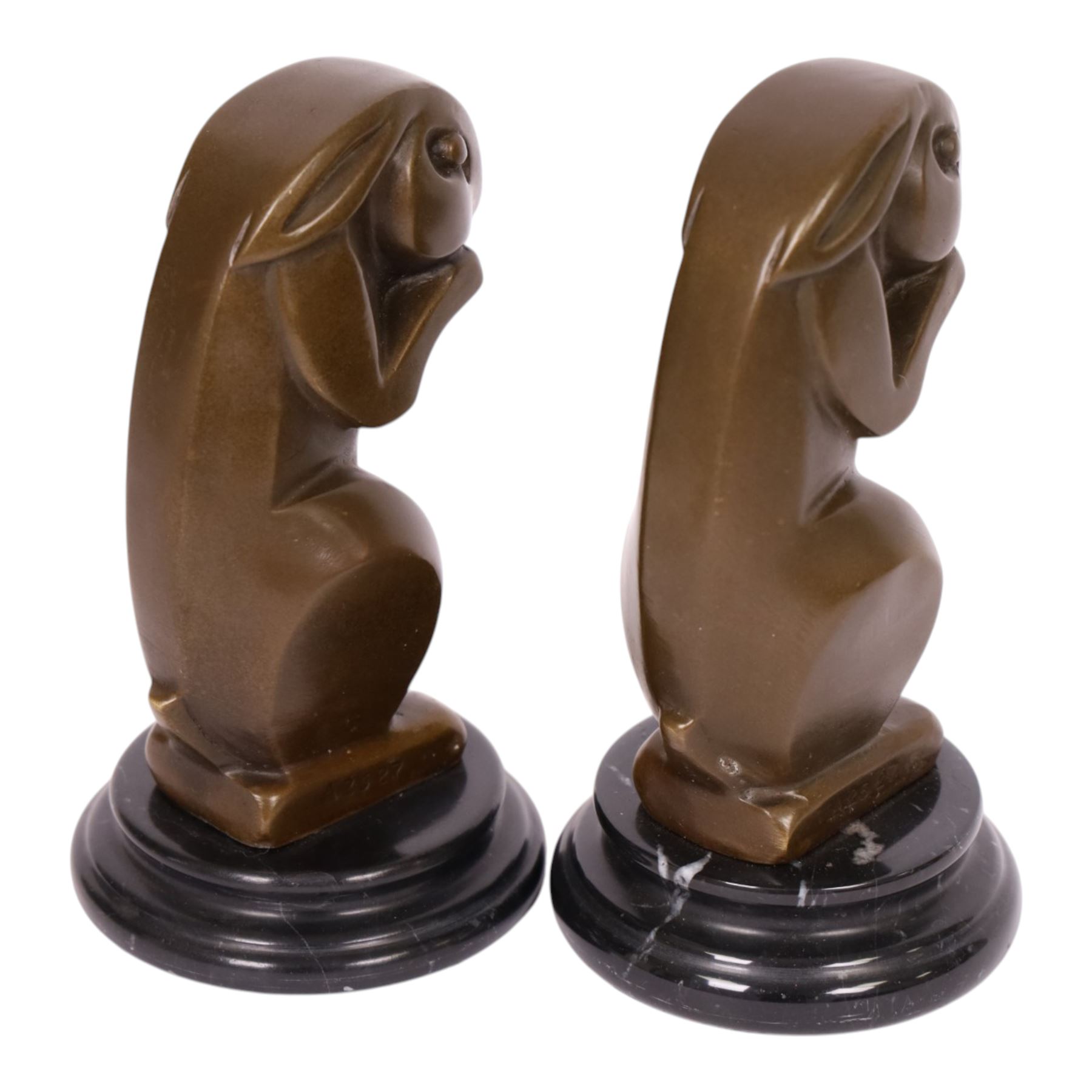 After André Bizette-Lindet - pair of Art Deco style bronze rabbits of graduating size, bearing signature and foundry stamp, largest H17cm