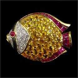  18ct gold enamel fish brooch set with yellow and white diamonds and rubies  
