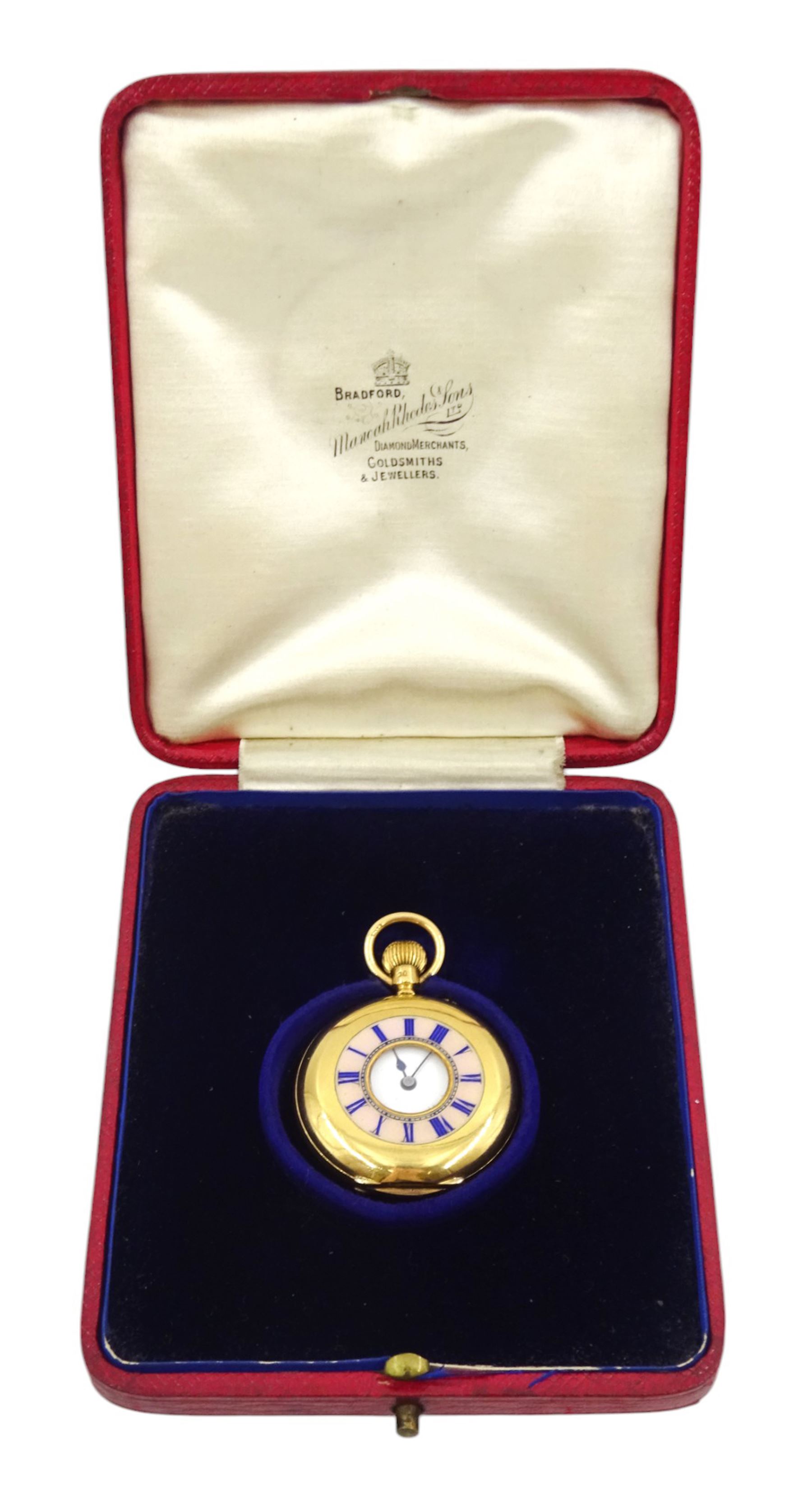 Edwardian 18ct gold half hunter keyless lever fob watch by Manoah Rhodes & Sons Ltd, No. 30256, white enamel dial with Roman numerals, back case engraved with monogrammed initials, case makers mark G B, London 1903, in fitted velvet and silk lined case