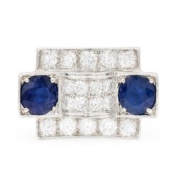 Platinum sapphire and diamond abstract design dress ring, pave set with eighteen old cut a...
