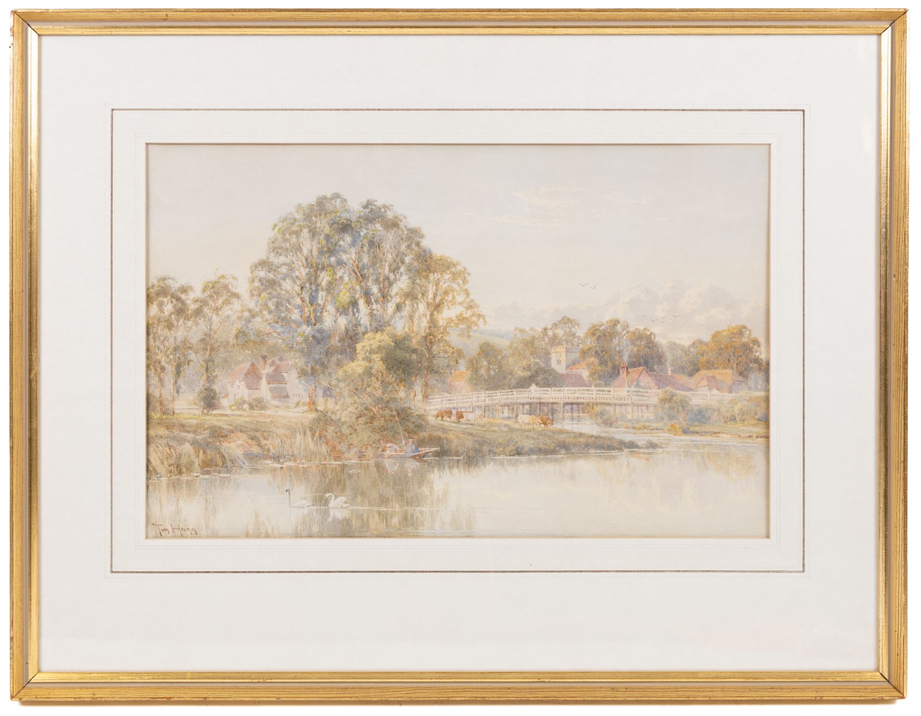 Revd Laurence George Bomford (British 1847-1926): 'On the Teign', watercolour signed titled and dated '80, 34cm x 51cm; Thomas Henry Hunn (British 1857-1928): 'At Goring Church and Mill - Beside the Thames', watercolour signed, titled in a later hand verso 30cm x 49cm (2)