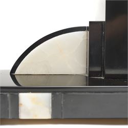 French- Early 20th century Art Deco mantel clock with an 8-day timepiece movement, on a polished rectangular slate base, with inset cream onyx panels, surmounted by a pair of highly decorative bronze effect pheasants, square 4