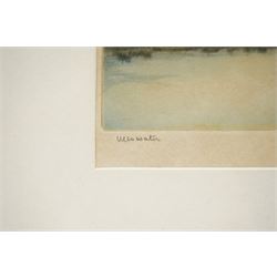 Edward Francis Wells (British 1876-1952): 'Evening Flow - Derwentwater' and 'Ullswater', two etchings with aquatint signed and titled in pencil, stamped with Rembrandt Guild Artists Proof blindstamp; D le Roux (20th century): Mountain Valleys, pair of watercolours signed, together with three other pictures including York-themed etchings max 22cm x 30cm (7)