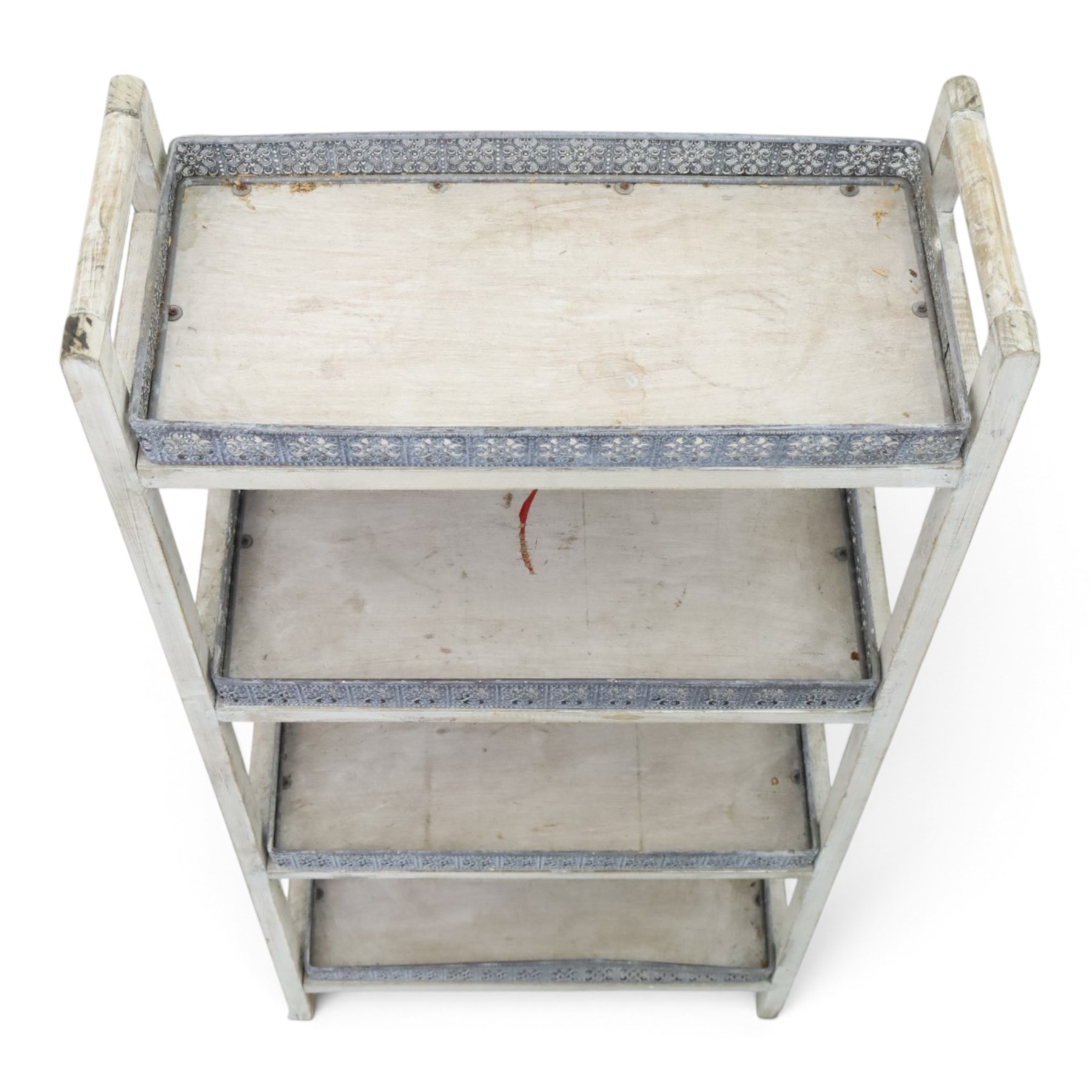 OKA style four tiered waterfall bookshelf, painted woodened frame with pierced wrought metal gallery
