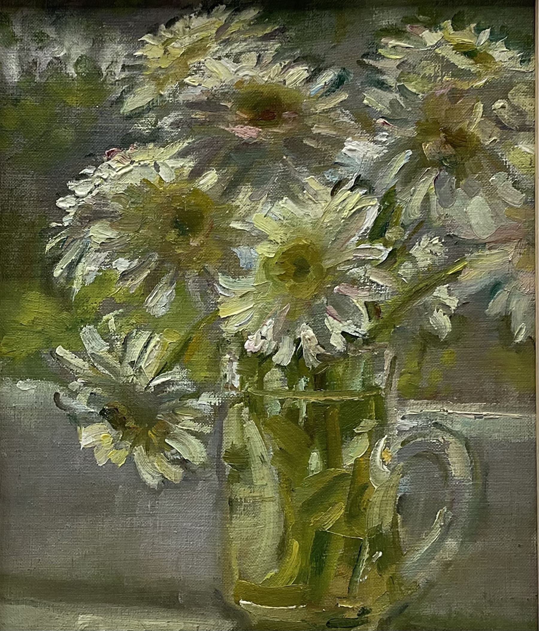 Olive Bagshaw (Northern British 1931-2017): Still Life of Flowers in a Jug, oil on canvas laid on board unsigned 28cm x 23cm
Provenance: from the Artist's Studio Sale. Miss Bagshaw who was born in Salford, received her formal art training at Salford and Manchester Art School. Her work has been regularly accepted at the Royal Society of Portrait Painters, the Royal Academy and Federation of British Artists 