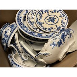 Quantity of Victorian and later blue and white ceramics, to include meat plates, tea wares, plates, tureens including examples by Mintons, Royal Doulton, Booths etc in five boxes