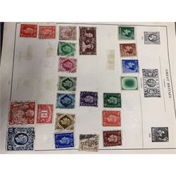 Great British and World stamps including two Queen Victoria penny black stamps, both with black MX cancels, King George V seahorse stamp,  World stamps including Austria, Belgium, Cyprus, Finland, France, Gibraltar, Italy, Hong Kong etc, in two albums and loose and a small number of mixed coins