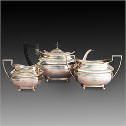 Early 20th century three piece silver tea service, comprising teapot, open sucrier and mil...