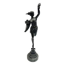 After Louis Guillaume Fulconis, a bronzed figure of Fortuna with cornucopia in her right hand and standing on a wheel on green serpentine base, height 60cm