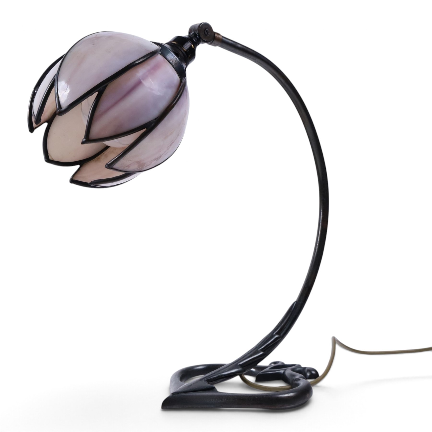 Chrisopher Wray, Art Nouveau style table lamp together with four wall lights, each shade in the form of a flower in purple tones