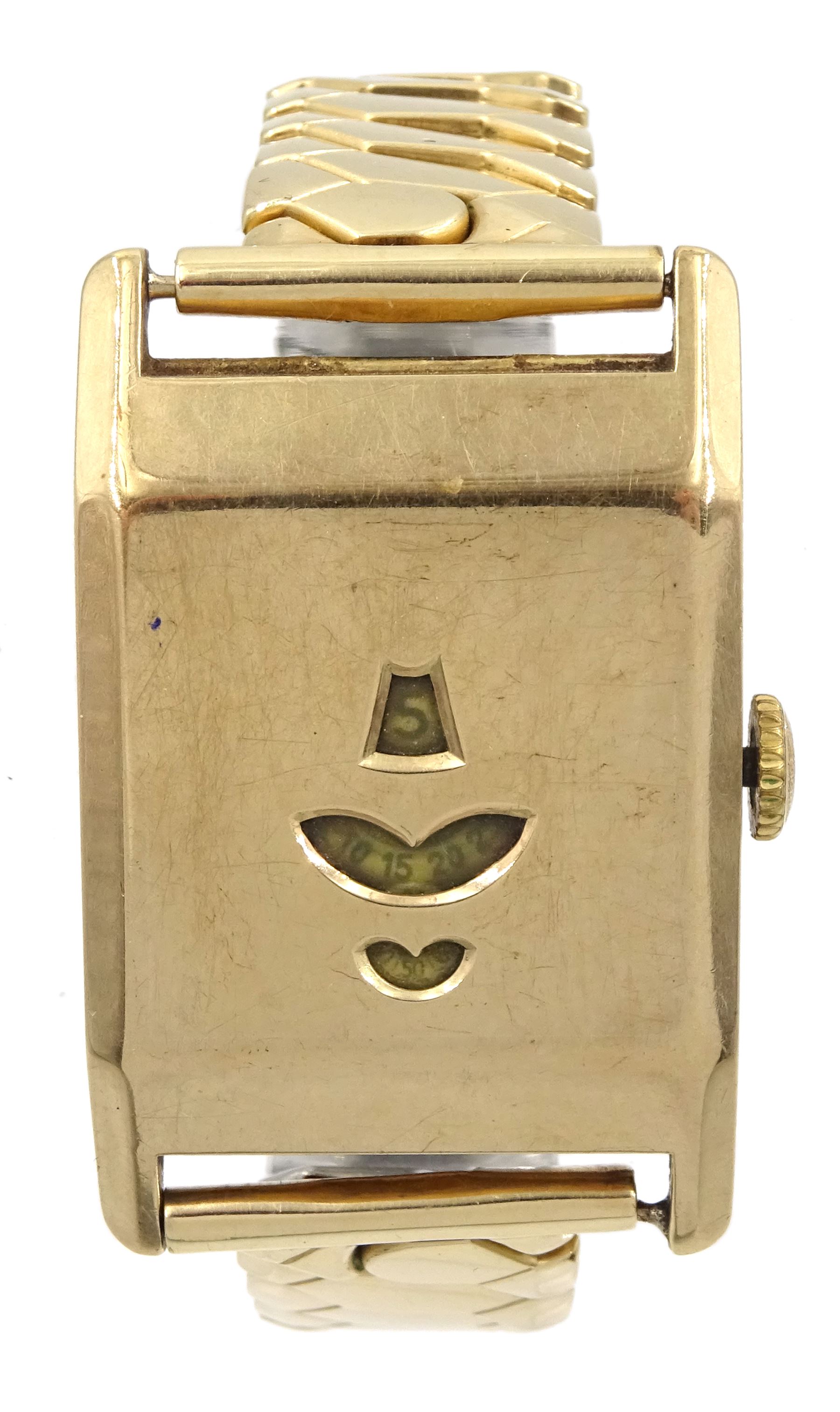 Swiss early 20th century 9ct gold manual wind Jump Hour wristwatch watch, Glasgow import marks 1932, on expanding gilt strap