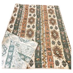 Large throw decorated with kilim type design, stylised urns and geometric motifs 
