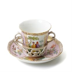 Collection of Helena Wolfsohn Dresden porcelain works, comprising a quatrefoil dish, D24cm, a chocolate cup with socketed saucer, two teacups, one with saucer, and a pair of twin-handled covered cups, each decorated with panels of flowers and courting scenes, various blue marks to bases