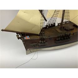 Late 19th, early 20th century, scratch built model of a three masted sailing ship with rigging, H50cm 