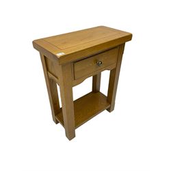 Solid light oak side table, fitted with single drawer, raised on square chamfered supports united by under tier