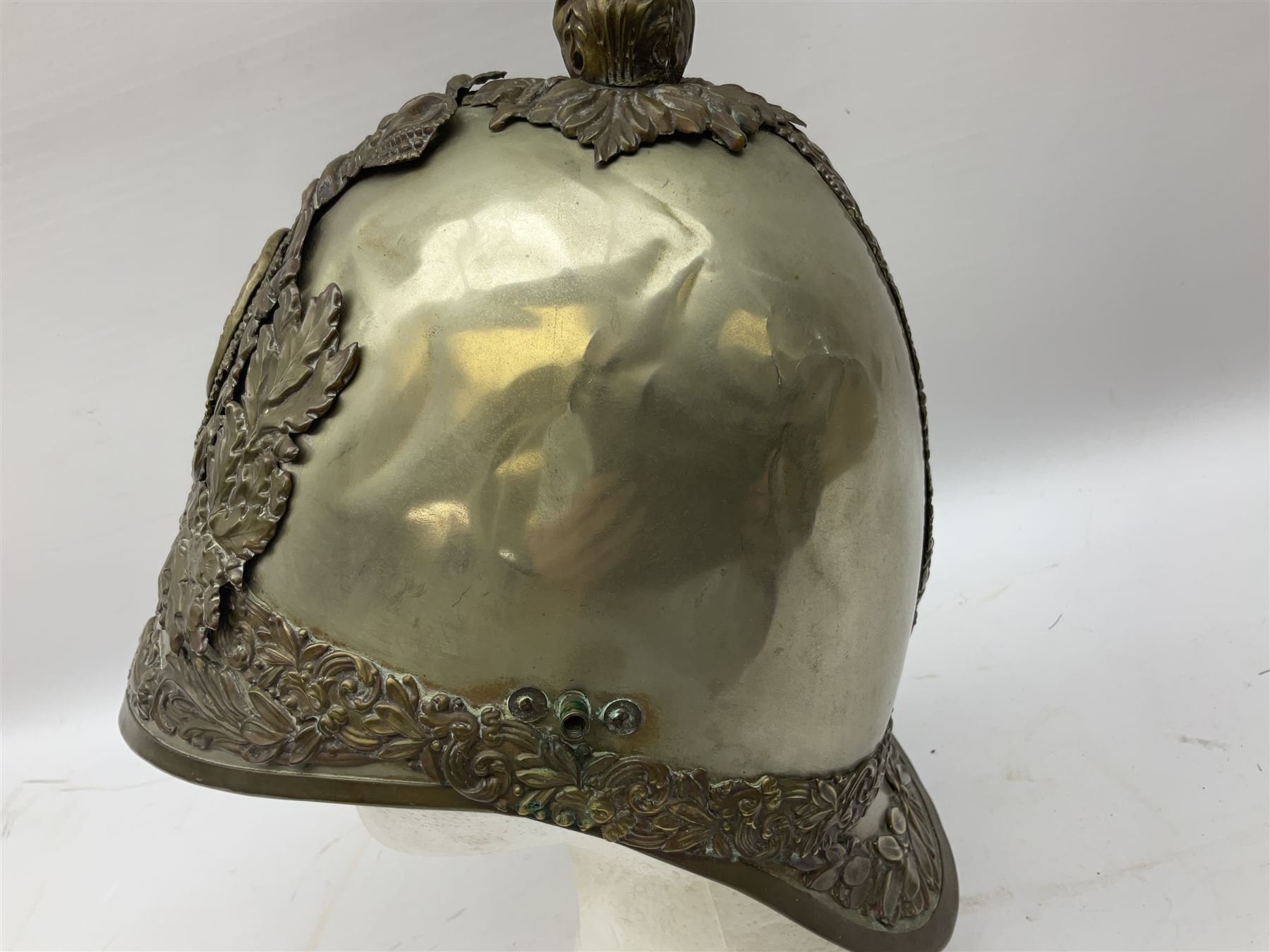 Victorian 1847 Pattern Officer's Helmet of the Inniskilling Dragoons, the white metal skull with gilt fittings including VR cypher to the plate; with leather liner H24cm