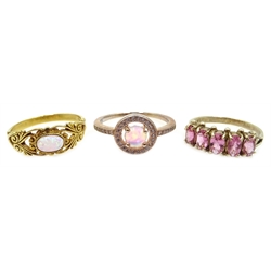  Three silver-gilt opal and stone set rings, all stamped  
