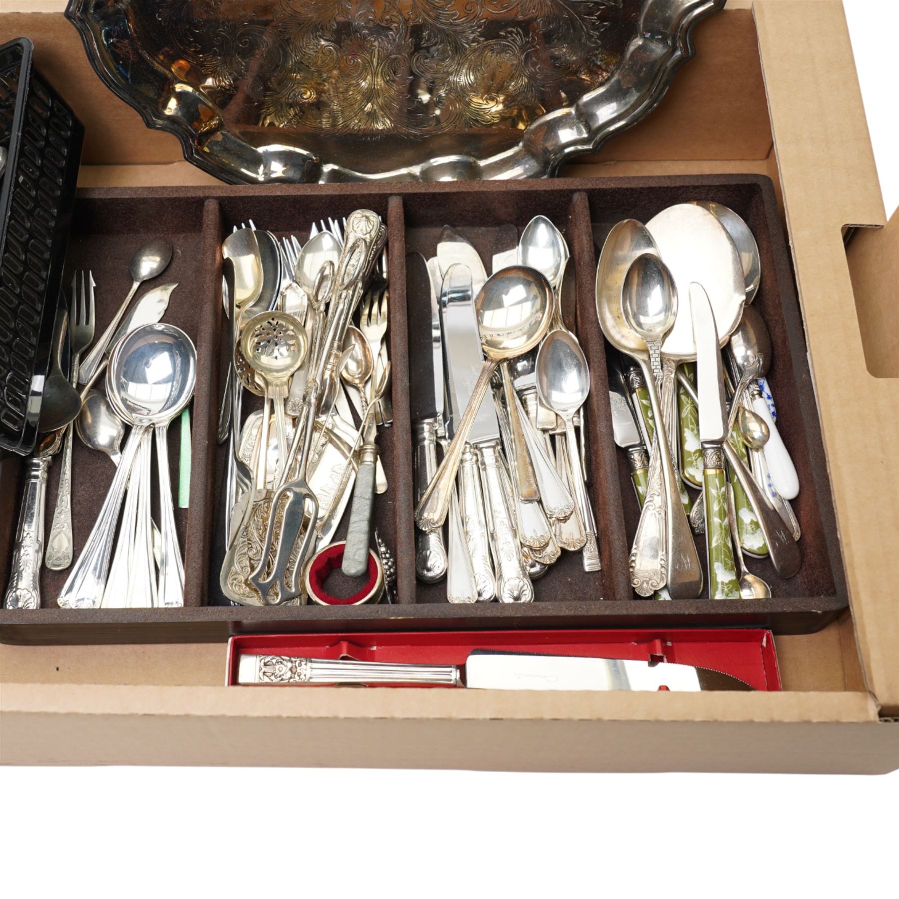 Quantity of assorted plated cutlery and a plated salver