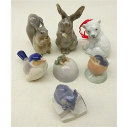  Seven Royal Copenhagen miniature animals Squirrel 982, Frog on Rock 507, Mouse 570, Robin 2238, Finch 1040, Polar Bear 810 and a Rabbit 1019 (7)  