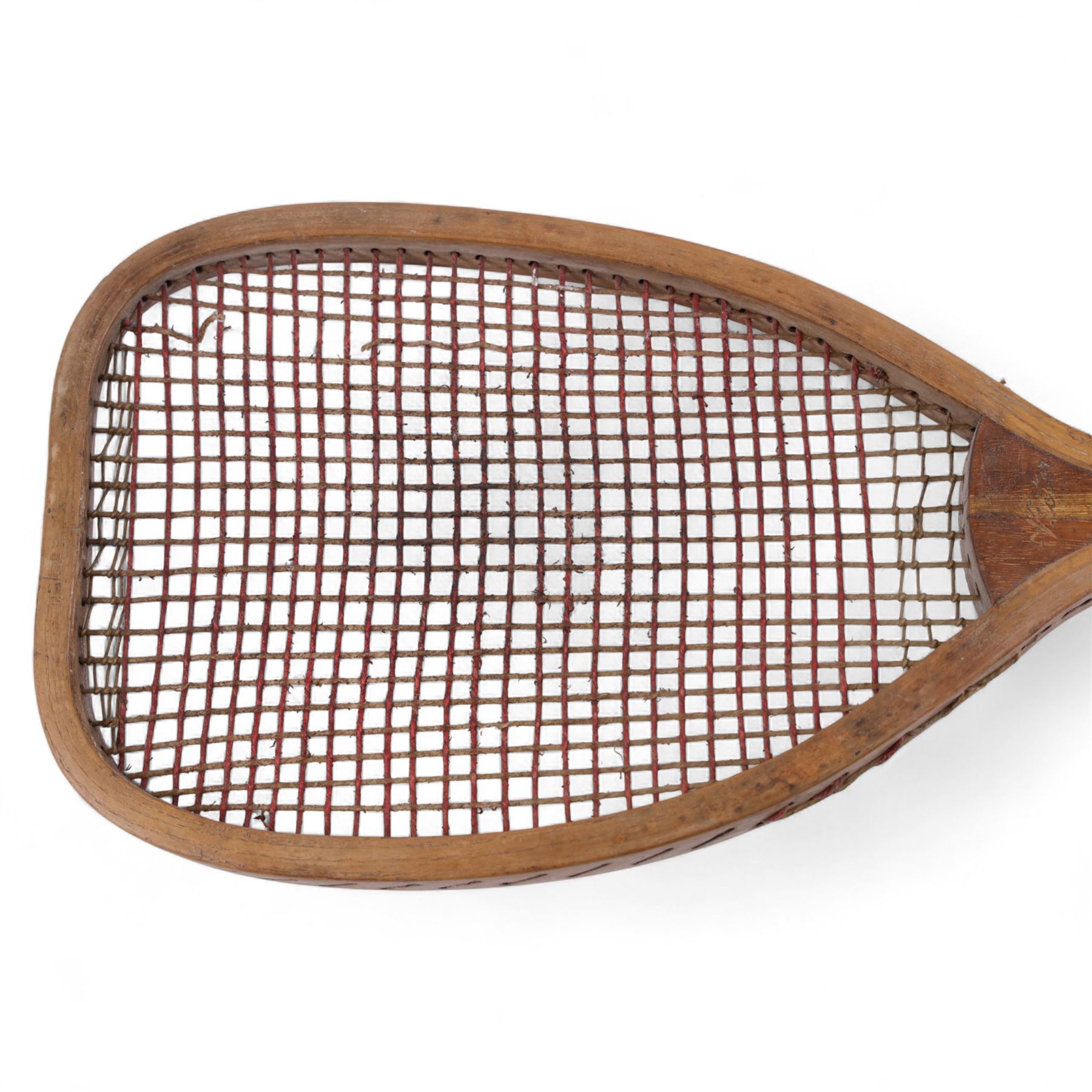 Late Victorian George Bussey & Co. London 'The Victor' flat topped tennis racket, inscribed Victor, G.Bussey London and R. J. Ward Gt. Yarmouth verso, H69cm