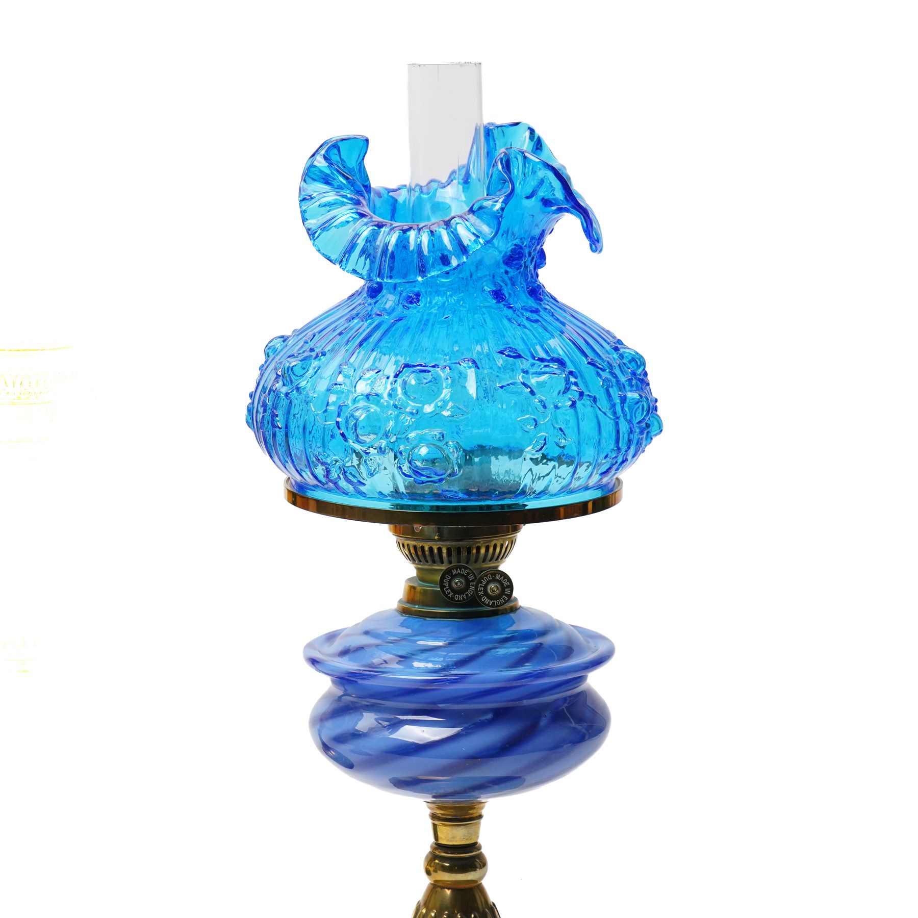 Victorian brass table oil lamp with painted green glass reservoir, another with blue glass reservoir and one other lamp (3)