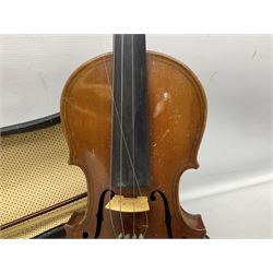 German copy of a Maggini violin c1900 with 35.5cm two-piece maple back and ribs and spruce top, bears label 'Maggini Deutsche Arbeit 1866' L59cm; in carrying case with bow