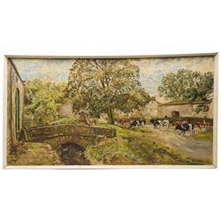 Thomas Leslie Kerkham (Yorkshire 1918-1986): Cows Roaming Over a Bridge - Dales, oil on canvas signed and dated 1972, 61cm x 114cm